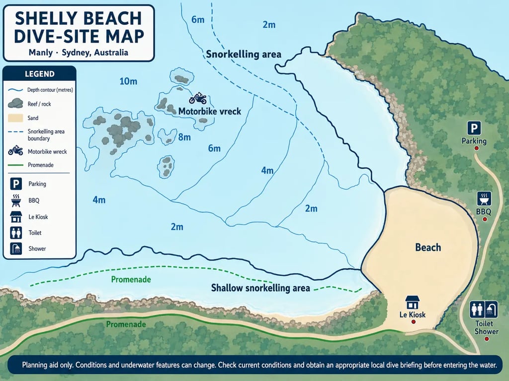 Standardised Shelly Beach Manly dive-site map showing depths, reef features, snorkelling areas and facilities