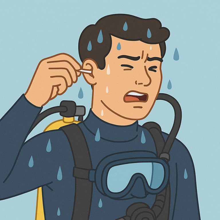 A diver cleaning their ears after a dive.
