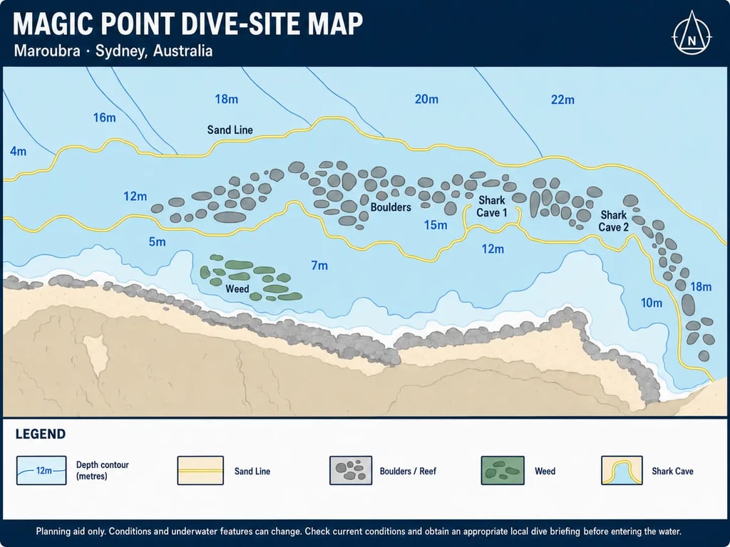 Standardised Magic Point Maroubra dive-site map showing depths, reef features and shark caves