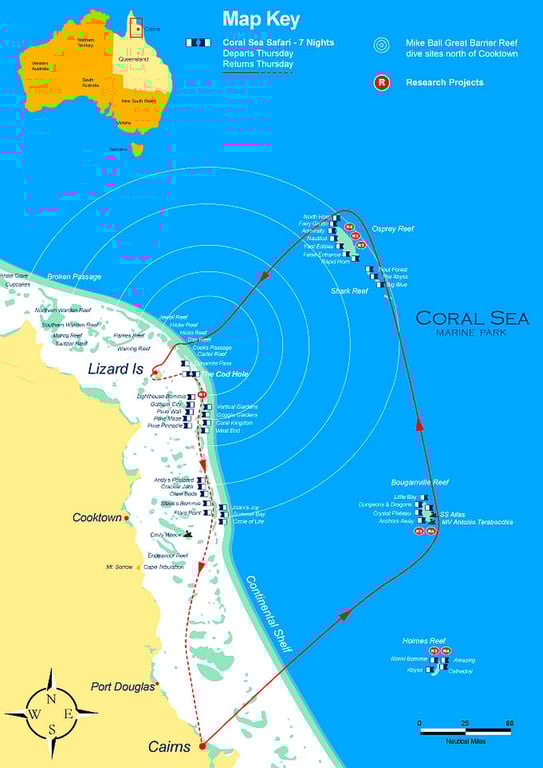 Mike Ball operating regions map for Cod Hole and Coral Sea expeditions.