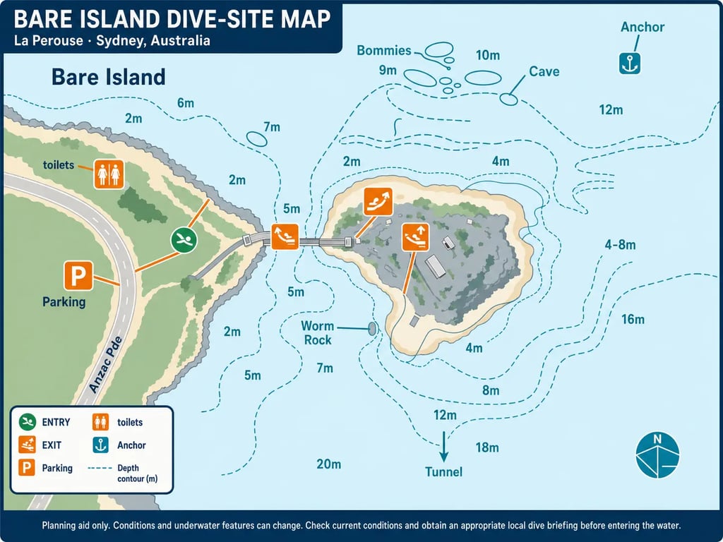 Standardised Bare Island dive-site map showing depths, reef features and access points