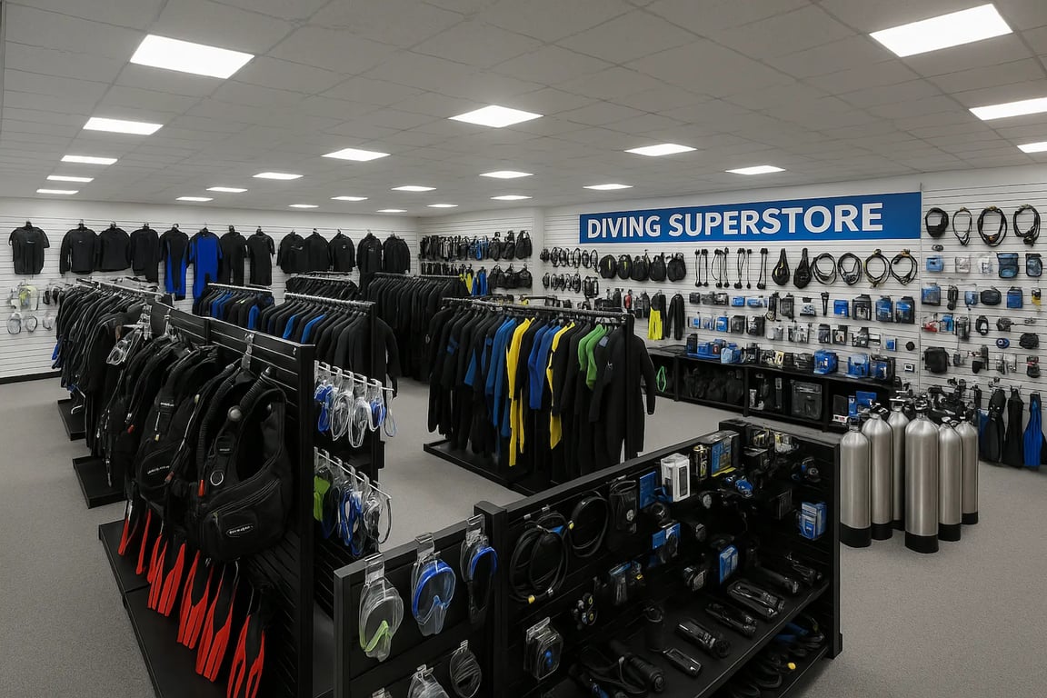 A view of a large diving superstore showcasing various scuba diving gear.