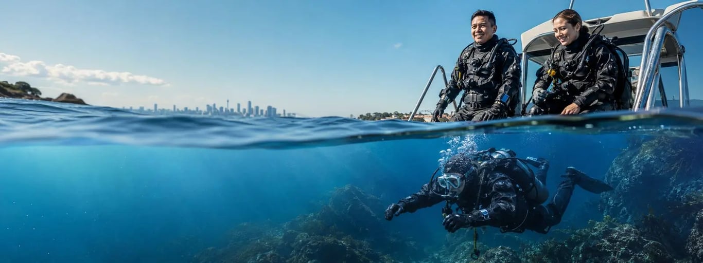 Scuba divers in drysuits exploring Sydney waters