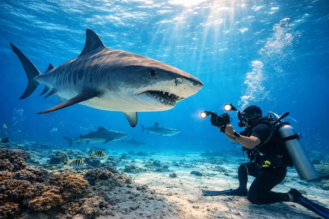 Tiger shark diving in Fuvahmulah Maldives
