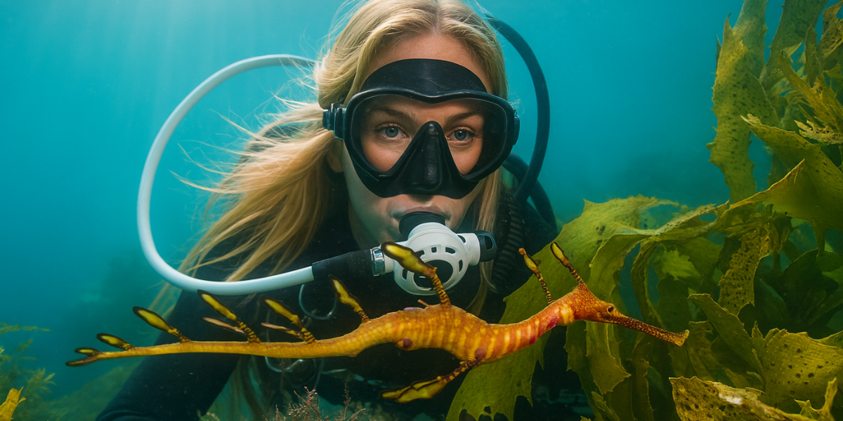 Beginner diver exploring underwater sea life with a weedy sea dragon