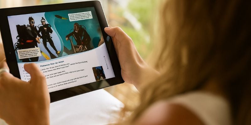Person using a tablet to learn scuba diving
