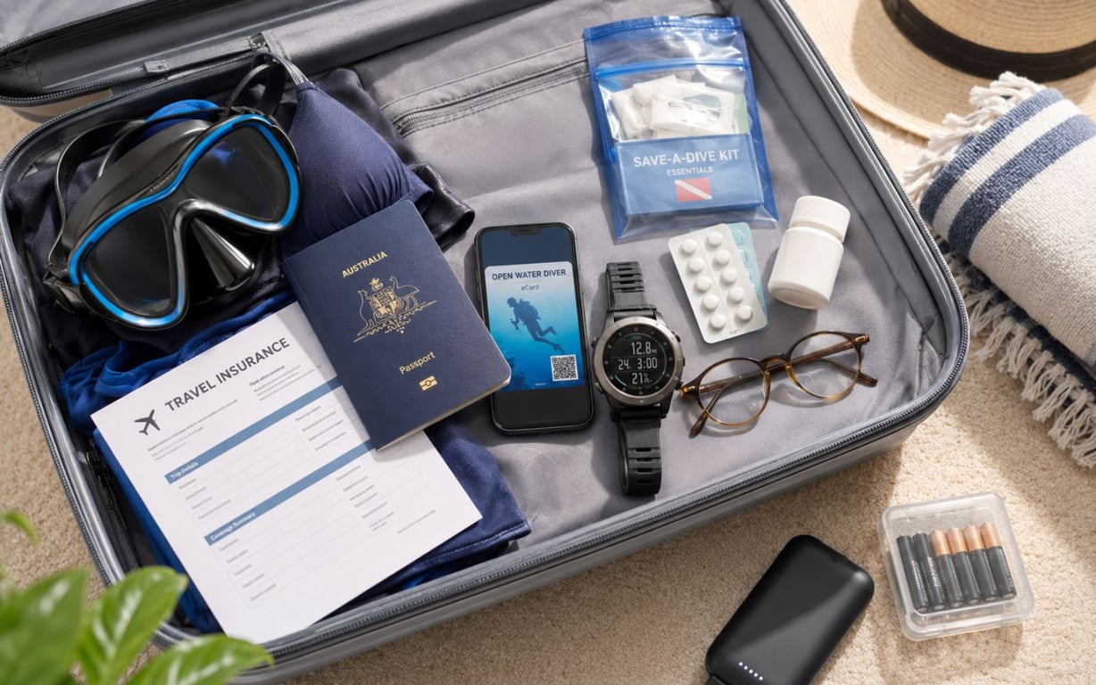 Carry-on essentials arranged for a first overseas dive trip