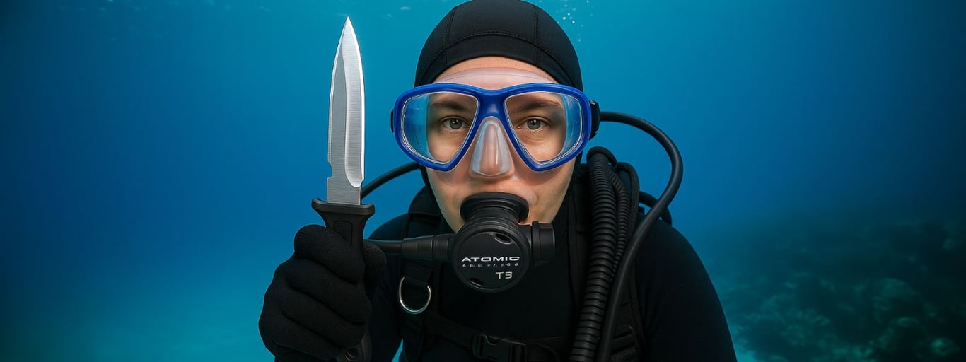 Scuba diver gripping a titanium dive knife underwater