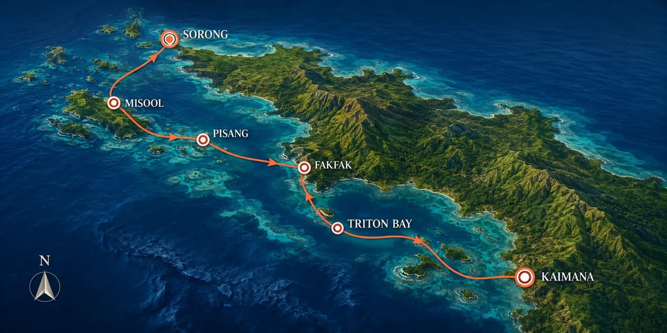 Map showing the liveaboard route from Kaimana through Triton Bay, Fakfak, Pisang and Misool to Sorong