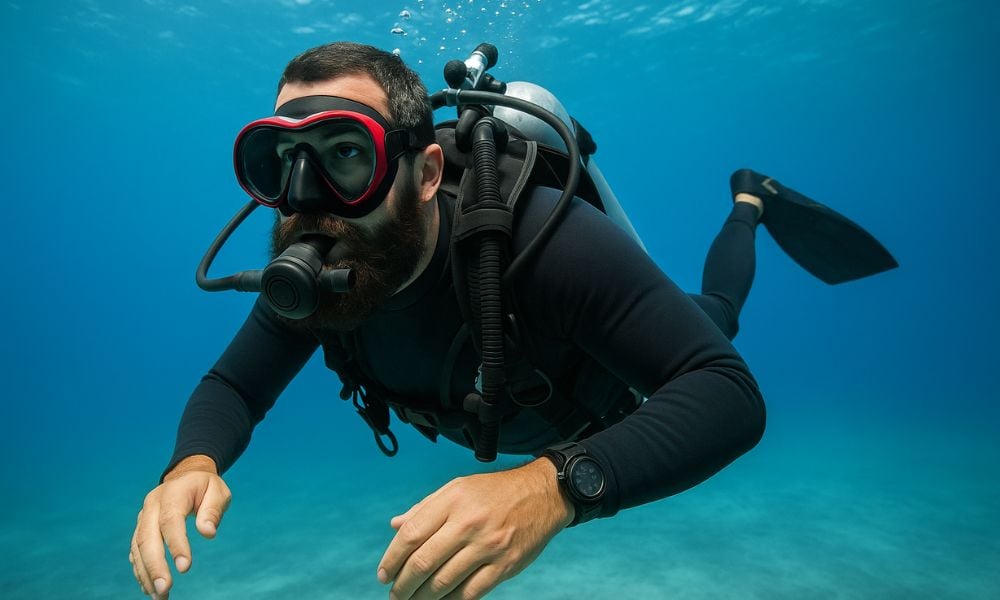 A diver with facial hair swimming in clear blue water, demonstrating proper diving techniques.