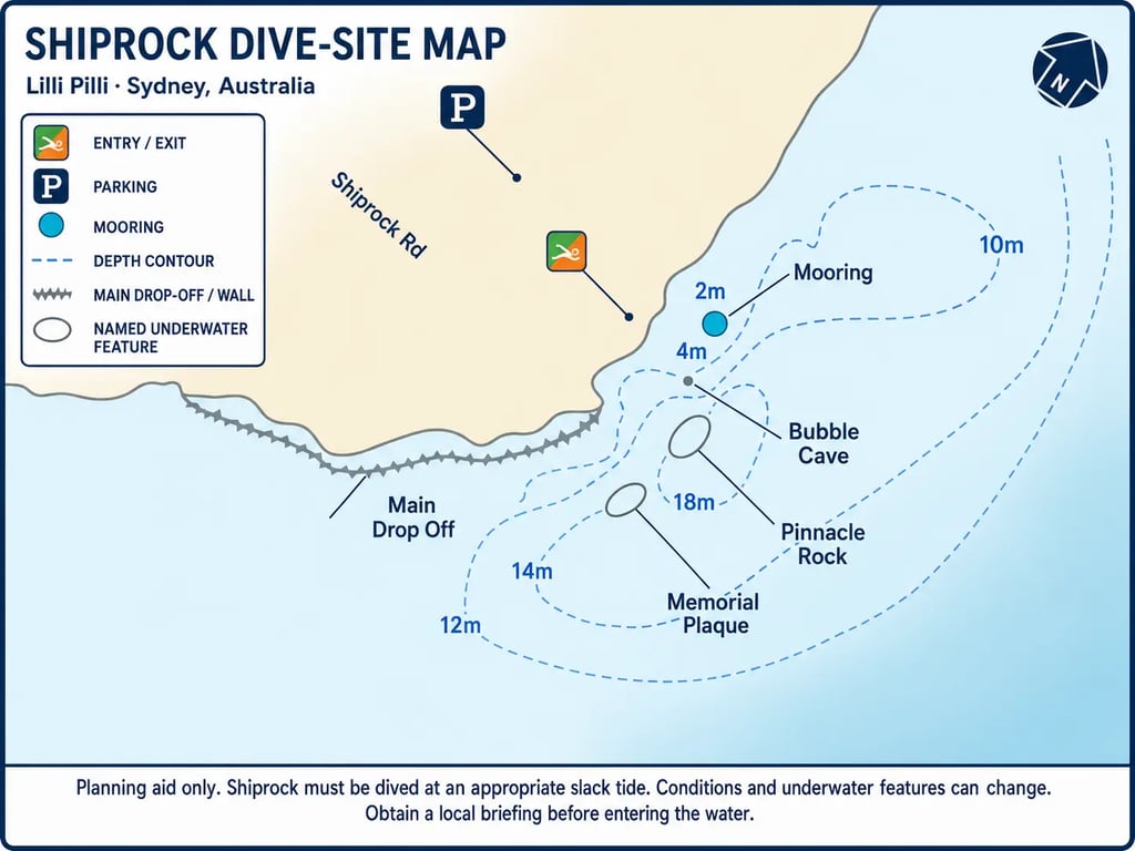 Standardised Ship Rock Lilli Pilli dive-site map showing depths, reef features and access