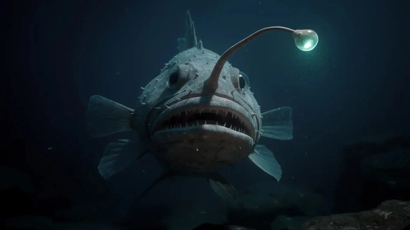 The image depicts a large anglerfish illuminated by its bioluminescent lure, set against a dark deep-sea environment filled with shadows. This scene captures the mysterious allure of the ocean's depths, reminiscent of challenges in the game Roblox Abyss, where players can explore and catch unique fish while progressing efficiently through quests.