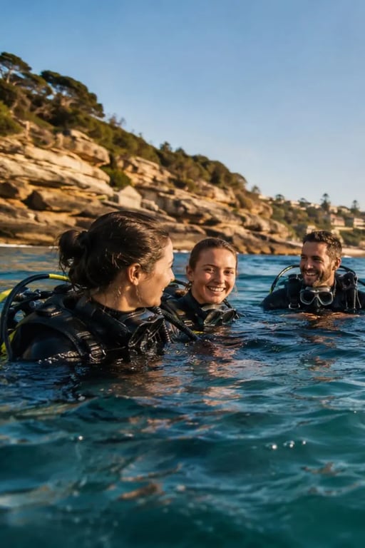 Three scuba divers smiling at the surface after a Sydney shore dive