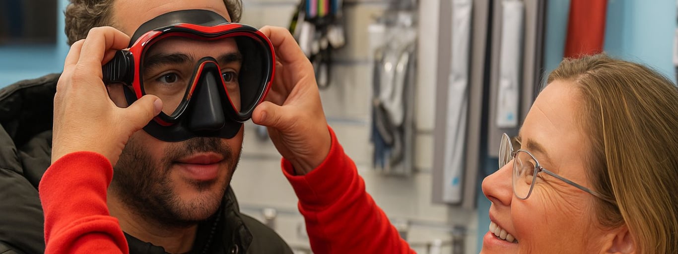 In-store scuba mask fitting by dive professional