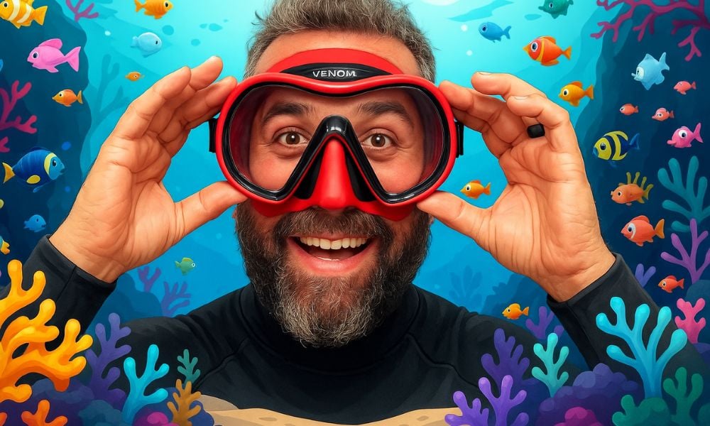 A close-up of a diver's face with facial hair adjusting their mask for a perfect fit.