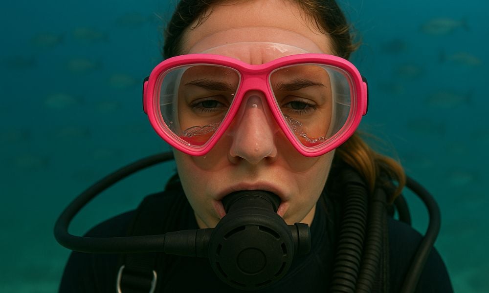 A scuba diver with a leaky single lens mask