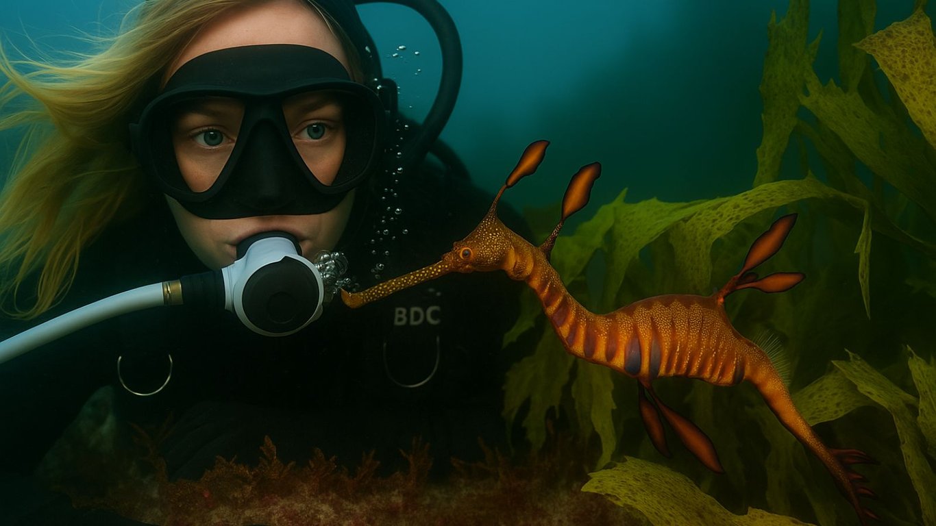 A close-up underwater baby weedy sea dragon gracefully nestled among delicate kelp fronds, showcasing the vibrant colors and intricate textures of this amazing sea creature. This image highlights the diverse marine life found in local dive sites, making it a perfect representation of the underwater world at popular shore dives like those around Sydney.