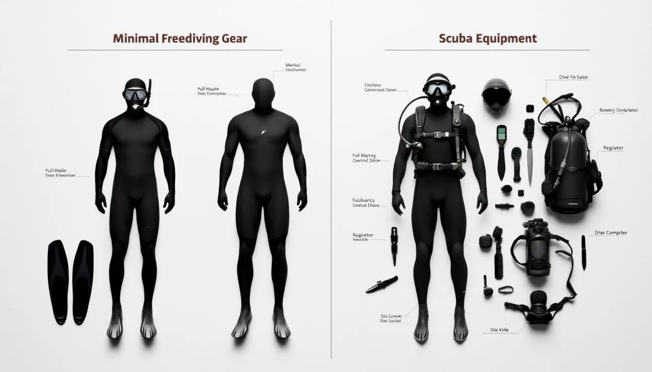 The image displays a side-by-side comparison of minimal freediving gear, such as a wetsuit, fins, and a mask, alongside comprehensive scuba equipment, including a tank, regulator, and dive computer. This visual representation highlights the differences in gear used by freedivers and scuba divers, showcasing the simplicity of freediving versus the complexity of scuba diving.