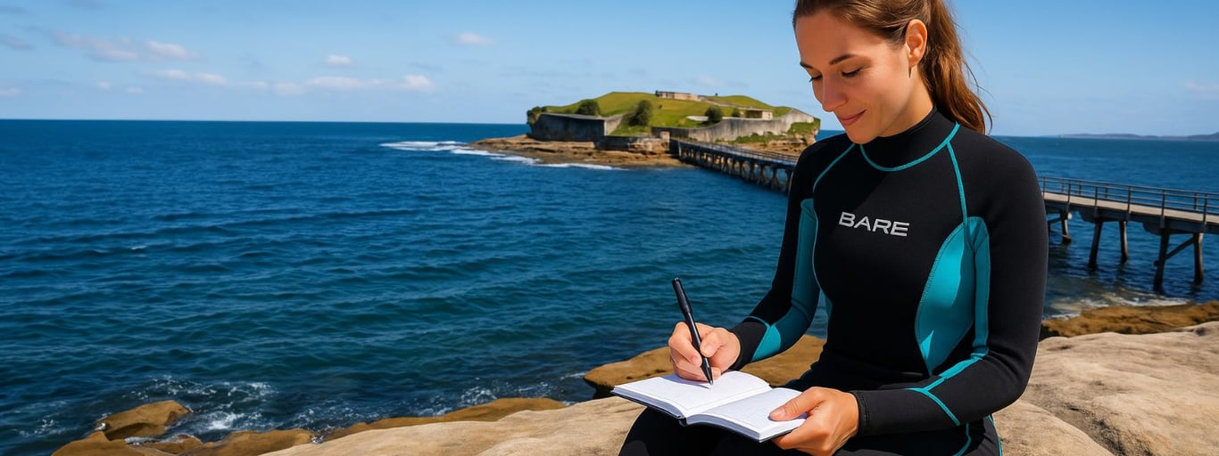 Scuba diver filling out logbook near Bare Island