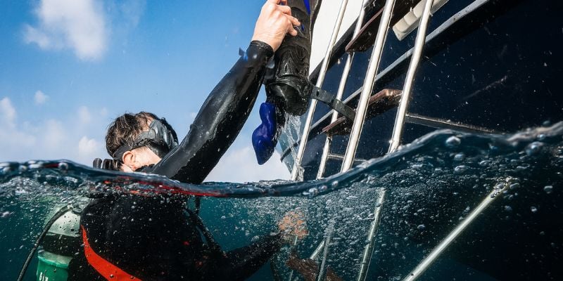 Scuba gear diver exiting the water