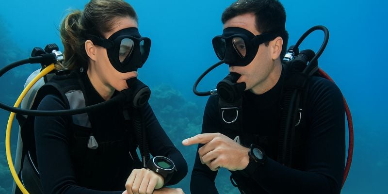 Choosing a dive computer – Instructor helping diver