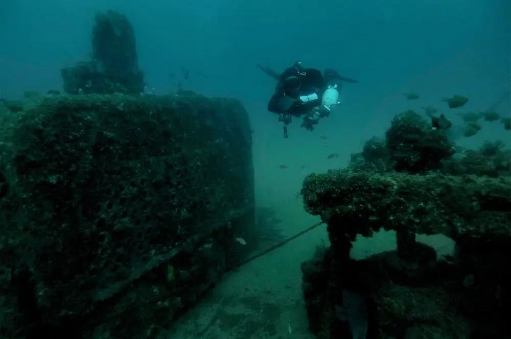A dramatic underwater view of shipwreck dives in Sydney, featuring marine life around the wreck.