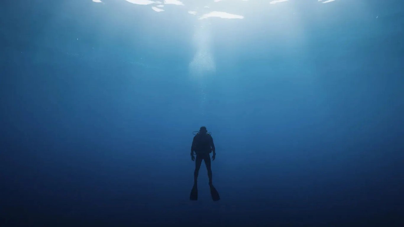 A silhouette of a diver is seen descending into the deep blue ocean waters, symbolizing the exploration of the abyss in a game like Roblox. The image evokes a sense of adventure, where players can catch fish, complete quests, and upgrade their gear to progress efficiently in their underwater journey.