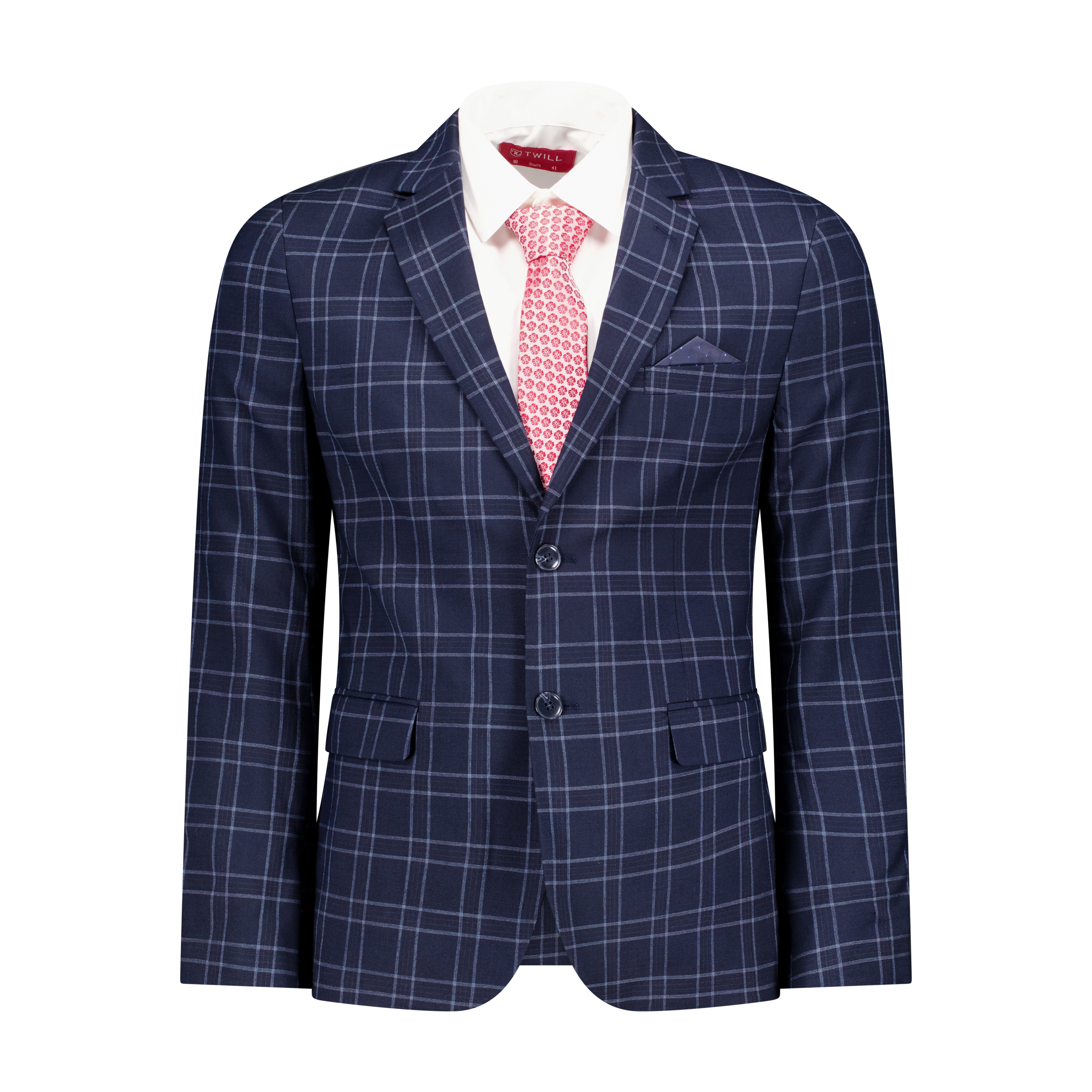 Navy Check Jacket with Light Blue Accents | Slim Fit - Twill