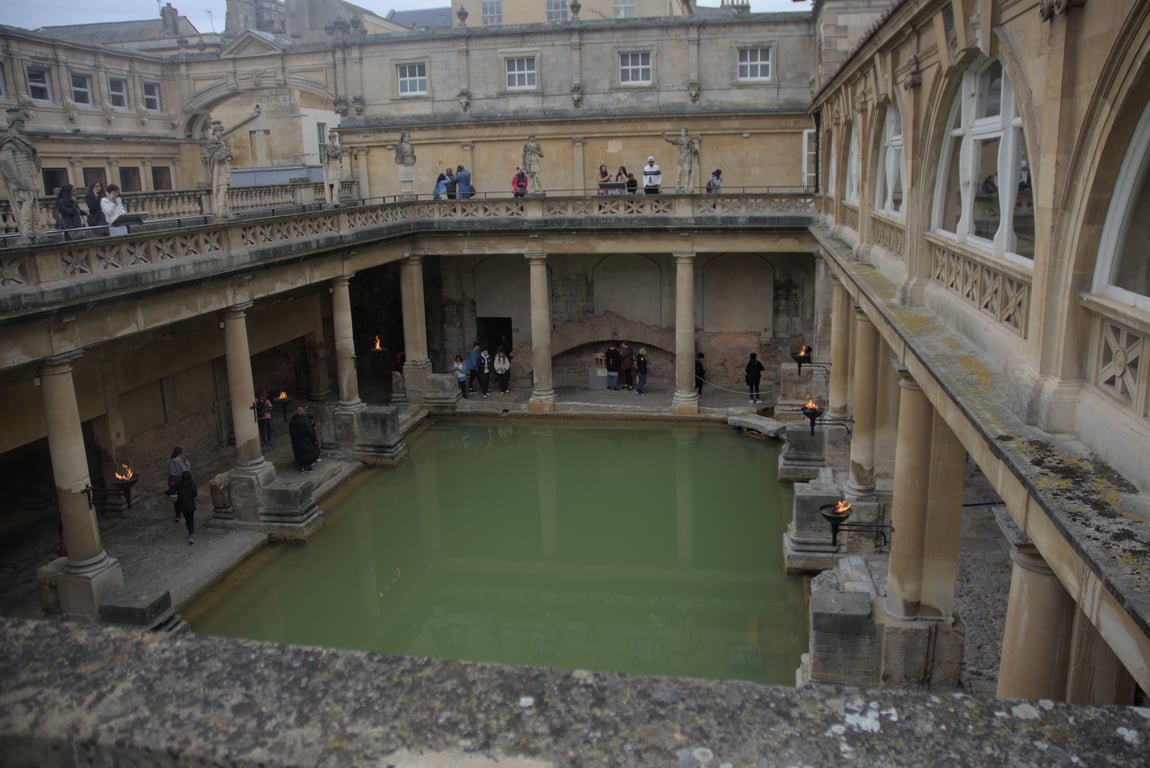 Overlooking a large pool of water