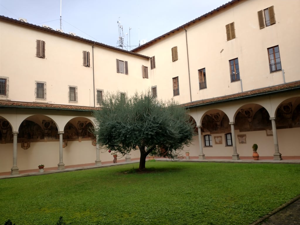 One of the courtyards, with a single tree in the center.