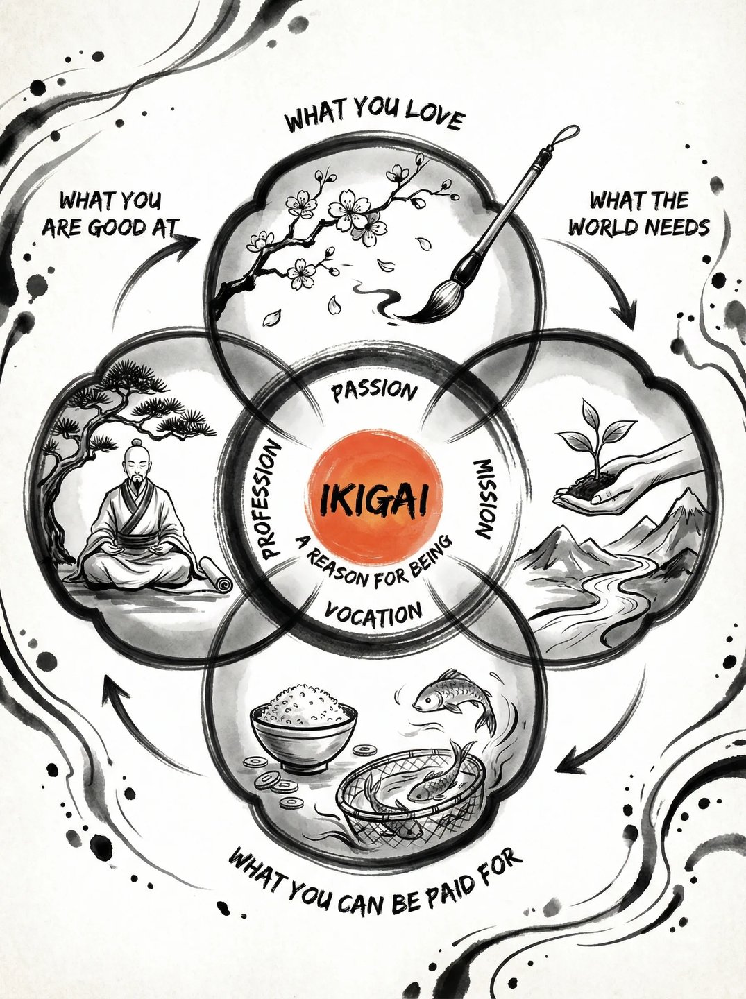 Ikigai Japanese philosophy zen ink infographic