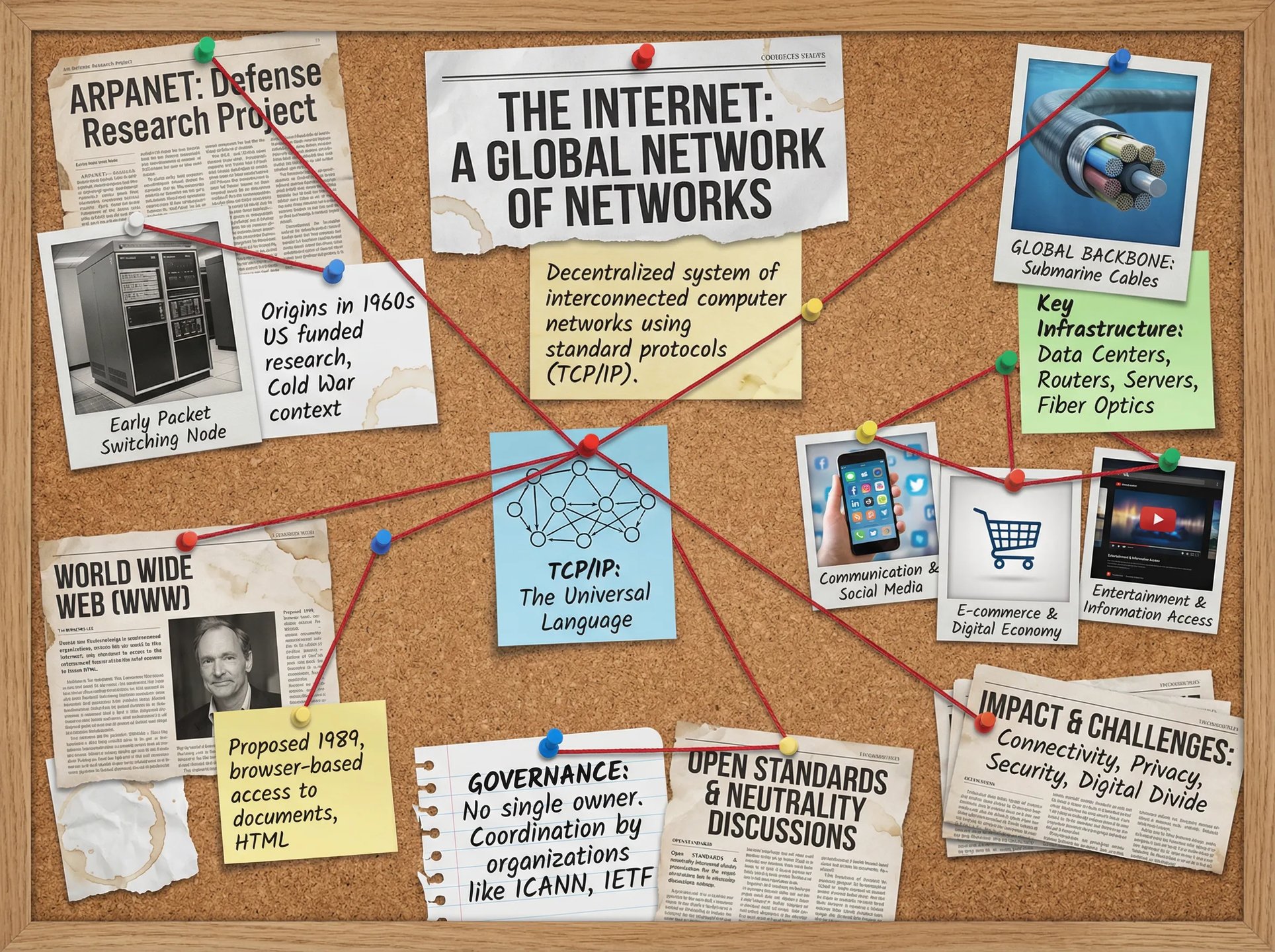 Internet infrastructure conspiracy board infographic