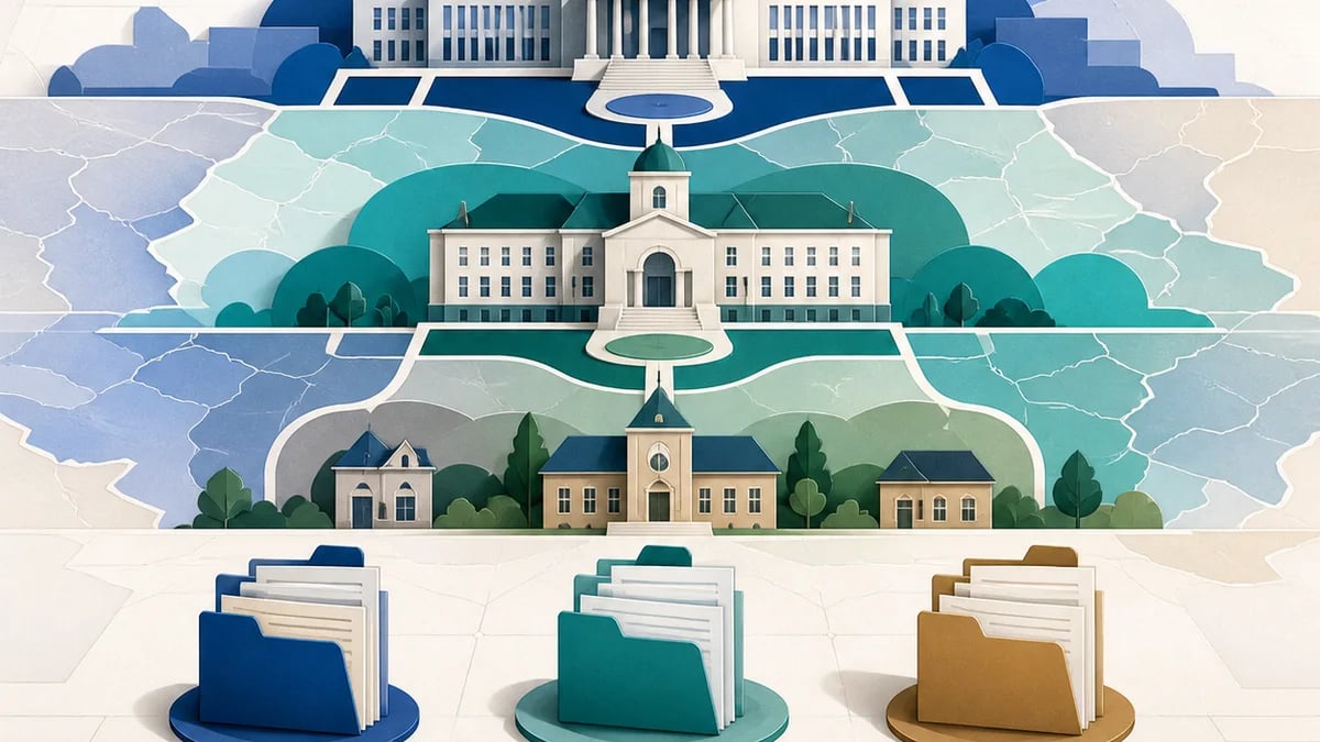 Editorial illustration comparing federal, state, and local procurement systems