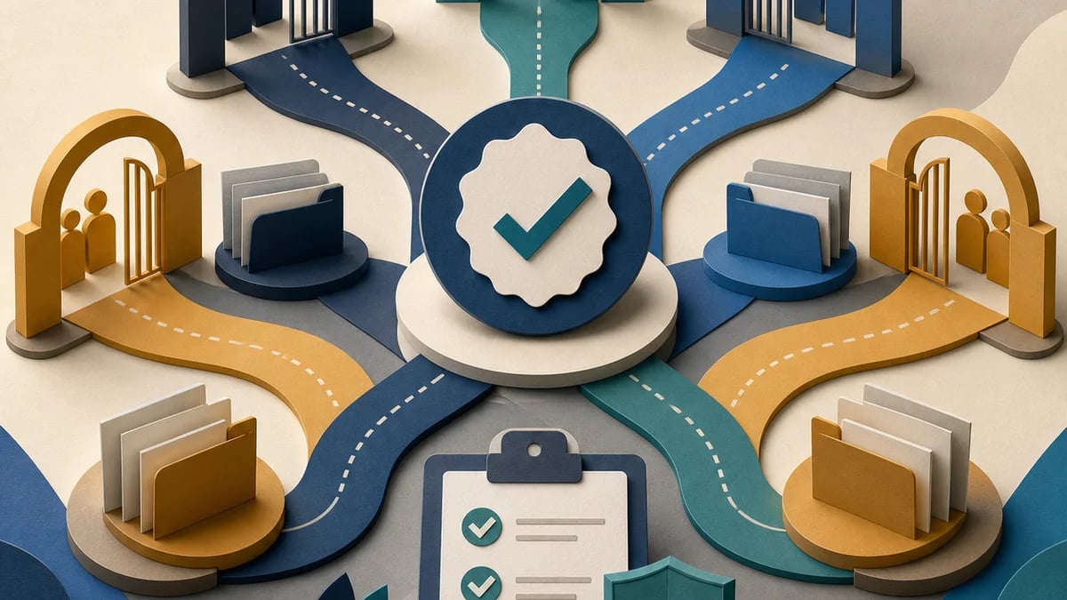 Editorial illustration of certification verification opening conditional procurement pathways