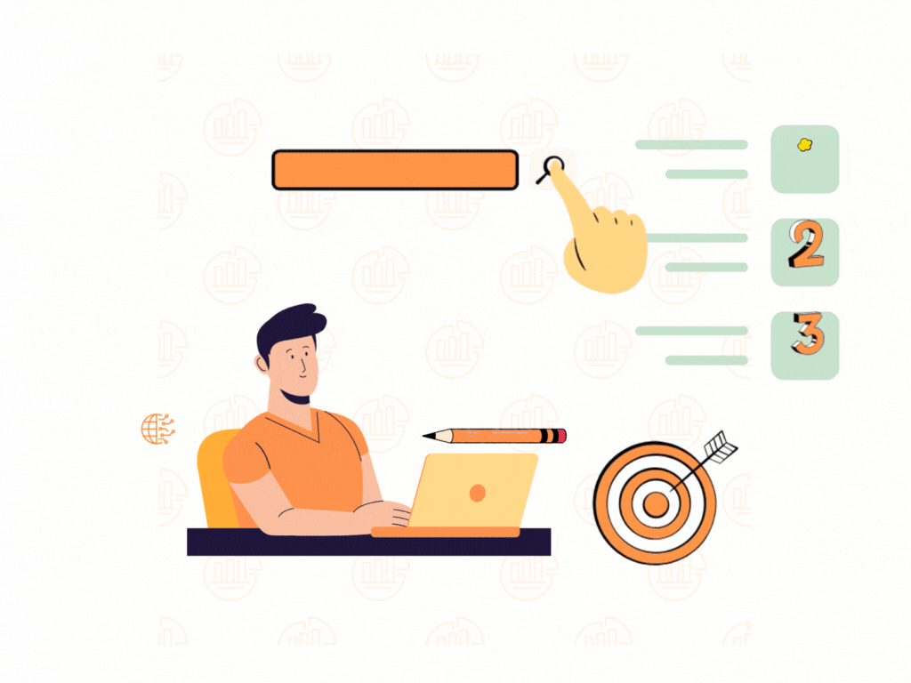 A man working on a laptop with a hand clicking on a search engine and an animating search engine ranking around him, illustrating content improvement for SEO.