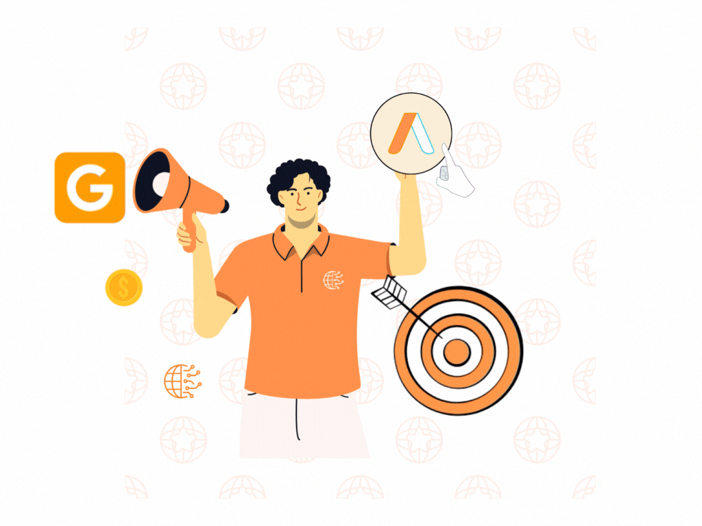 A man holding a megaphone, surrounded by animated Google Ads and a target icon.