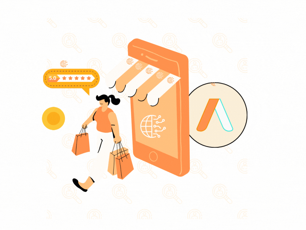 A smartphone displaying a mobile shopping interface with a woman shopper walking away. Animated icons of a rating star, a coin, and Google Ads surround the phone.