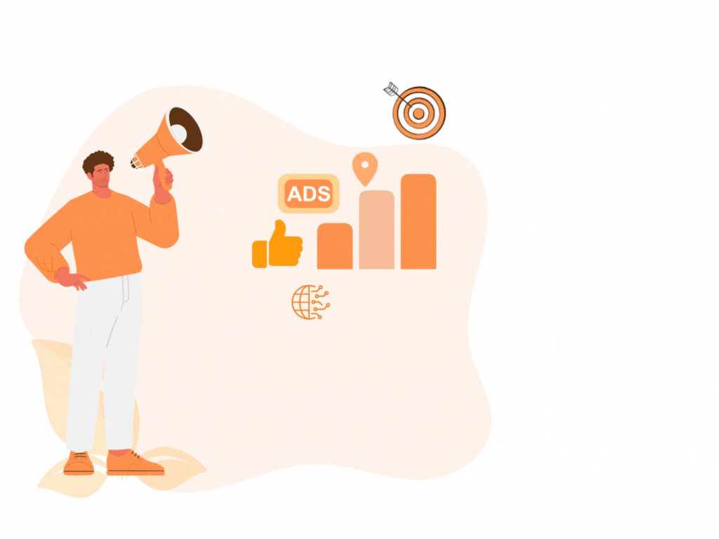 A man holding a megaphone, with a bar graph, advertisement icon, map icon, target icon, and like icon to his right.