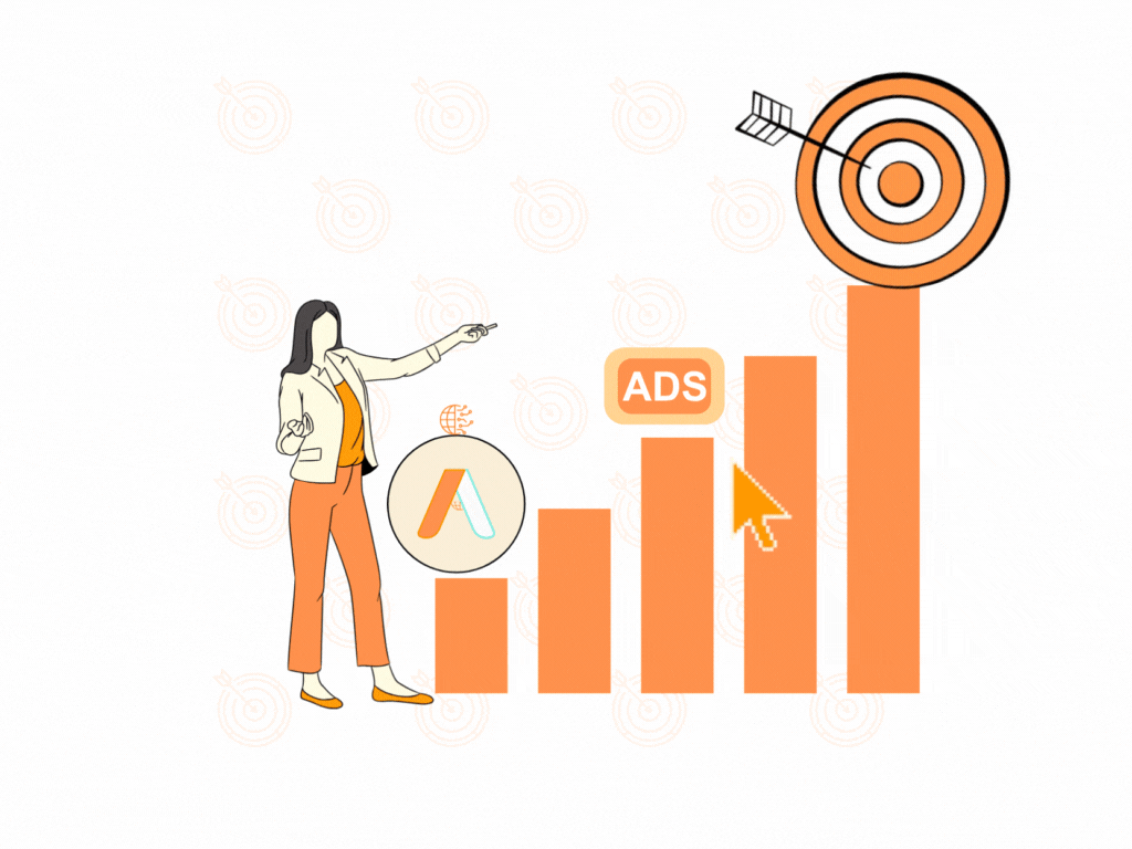 A woman presenting a business growth graph with animated icons of Google Ads, an ad, and a target surrounding it.