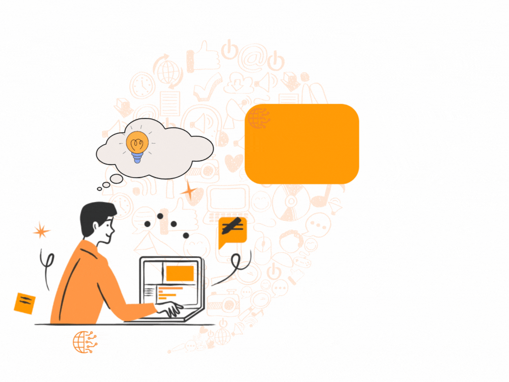 A man working on a laptop with a thought bubble containing an idea bulb, and a screen displaying content.