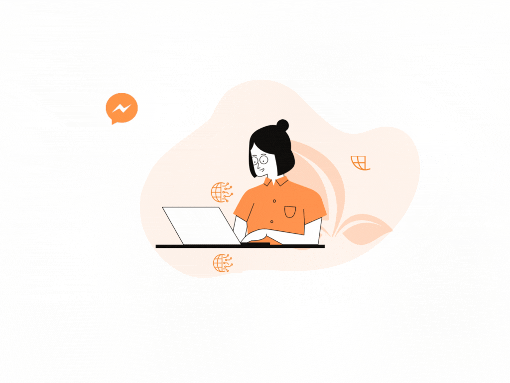 A woman working on a laptop, surrounded by animating social media icons