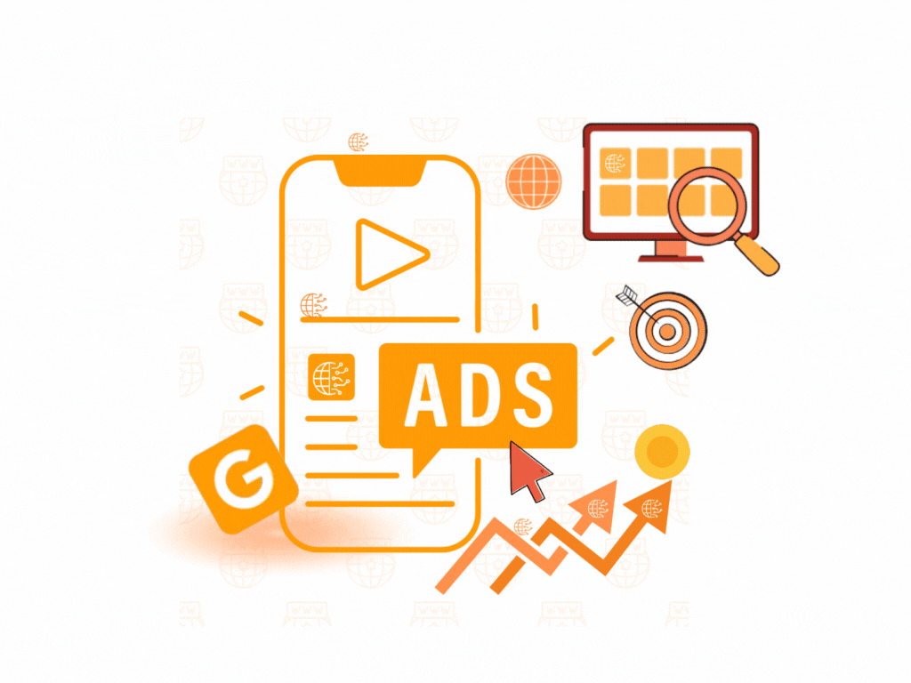 Illustration of a mobile phone and computer screen with Google Ads elements, featuring a growth arrow symbolizing business growth