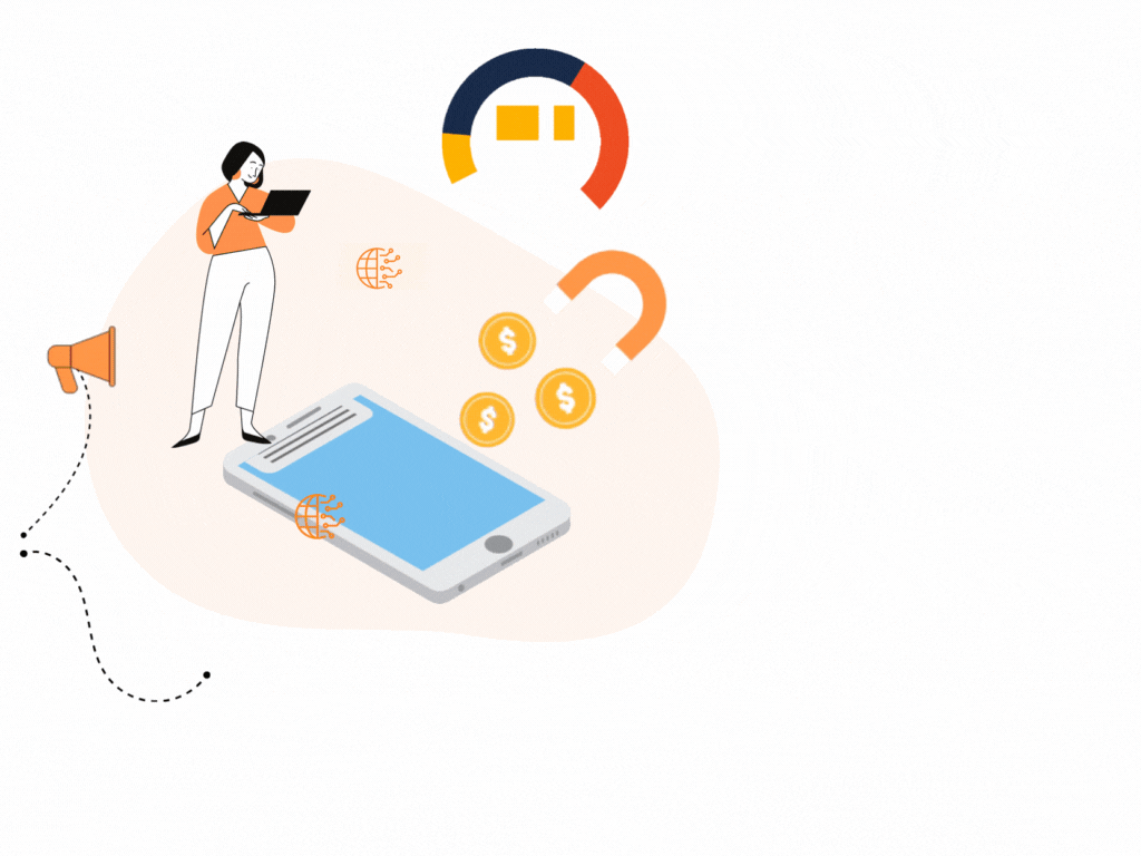 A woman standing with a laptop next to a mobile phone on the ground, an animated pie graph, and social media icons