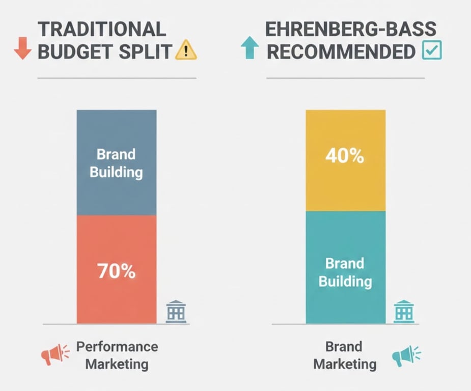 Traditional 70/30 budget split vs. recommended 60/40 Ehrenberg-Bass allocation
