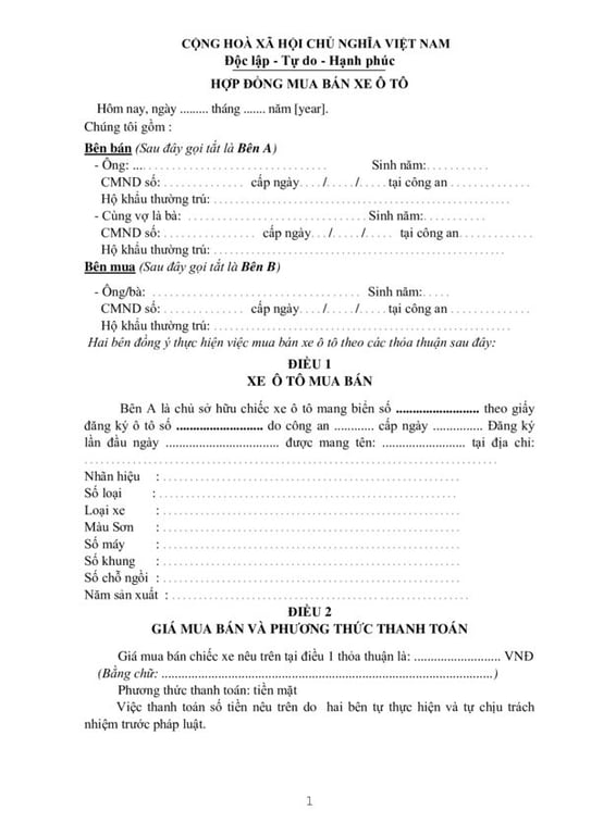 Hợp đồng mua bán xe hơi cũ