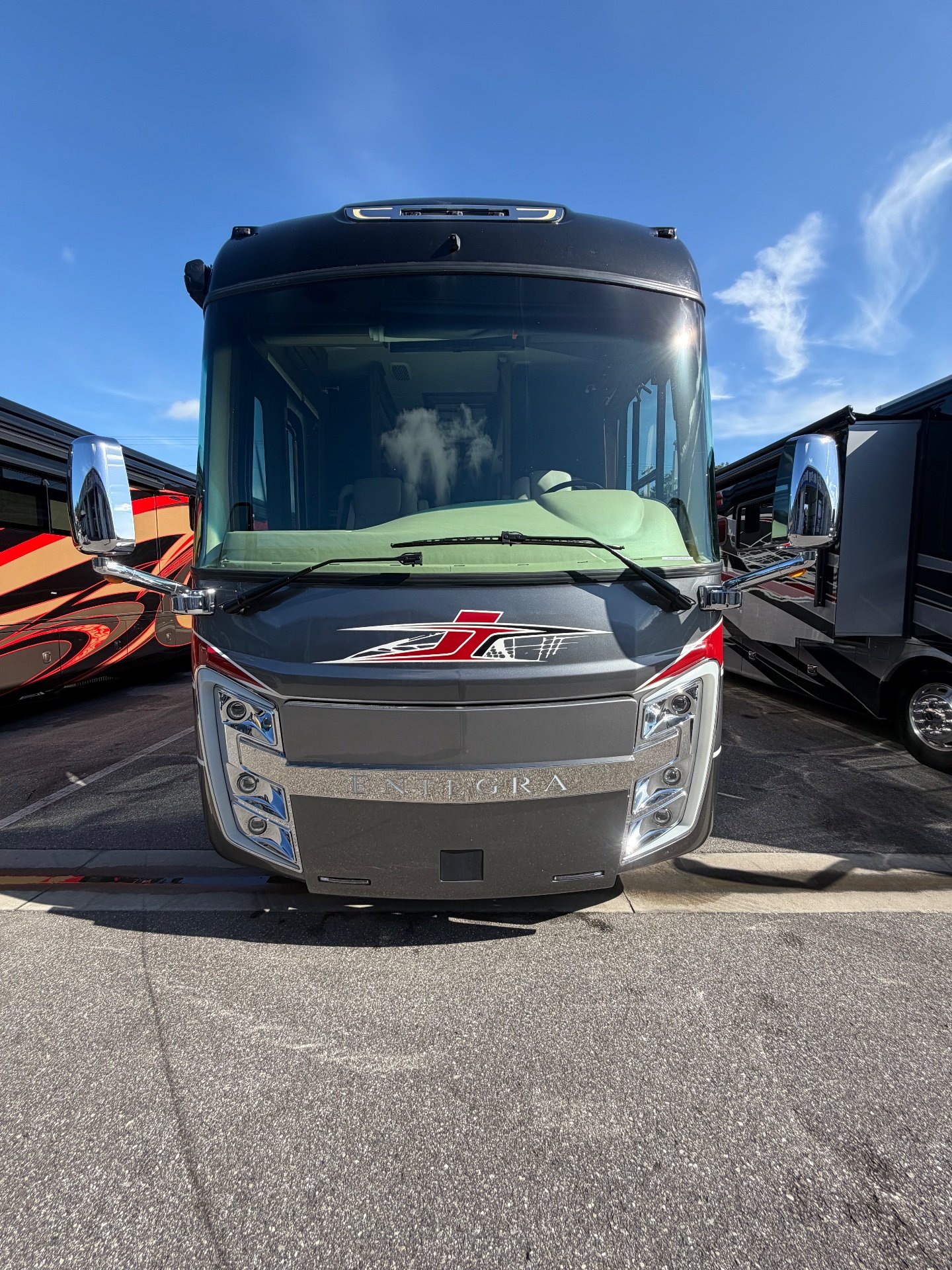 2022 Entegra Coach Cornerstone 45B — Front-facing exterior photograph visibly shows the motorhome nose, windshield, mirrors, and headlights