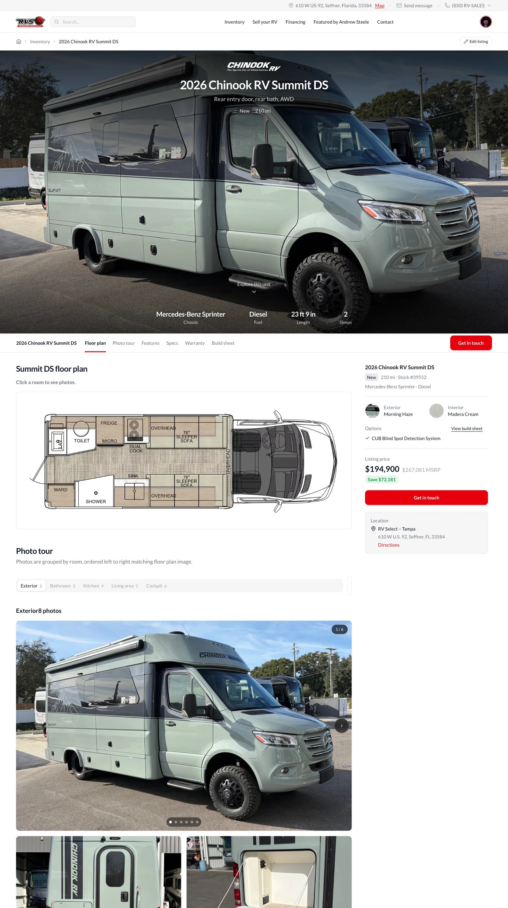 Chinook RV listing on a ROOFTOP dealer website