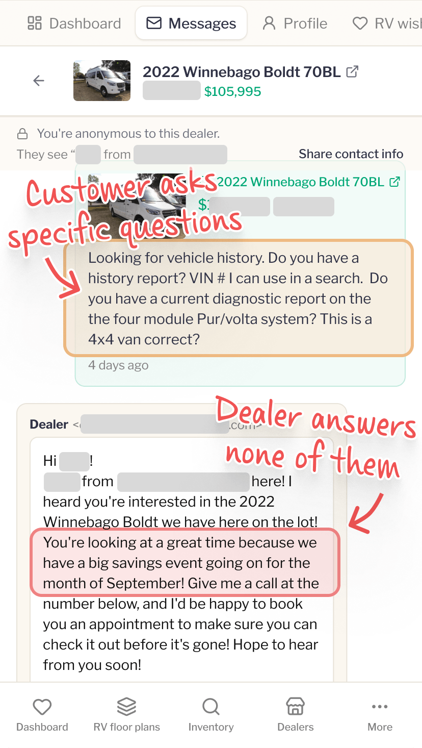 A screenshot of an RV shopper and a sales rep talking past each other
