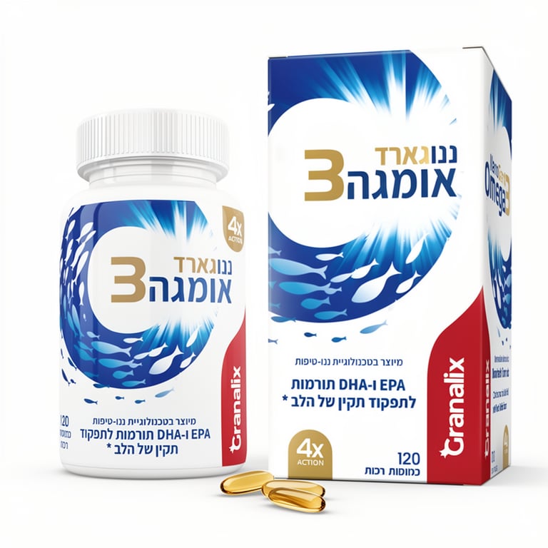 ננו גארד אומגה 3 תמונת מוצר בקבוק וקופסה 120כמוסות שמן דגים