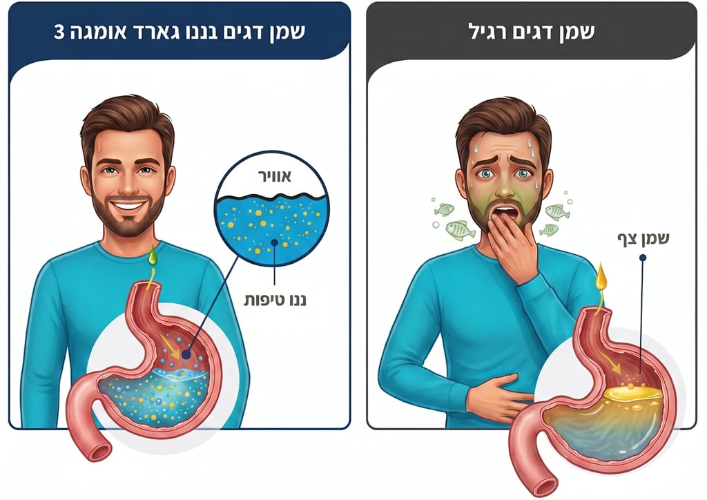 טכנולוגיית ננו טיפות בפעולה - שמן רגיל טיפות צפות בקיבה. שמן דגים ננו גארד - הטיפות הטיפות נספגות